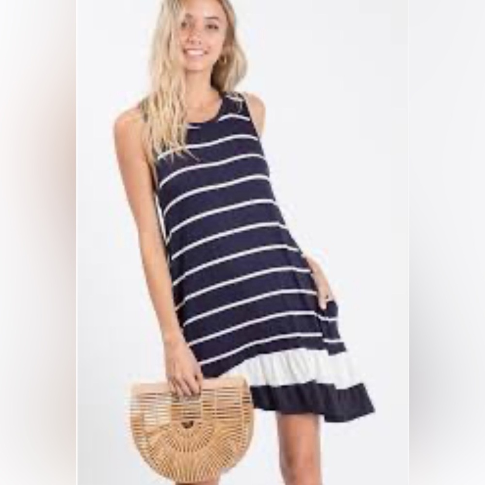 Sz L🇨🇦⭐️NWT Papillon Navy With White Striped Ruffle Hem Summer Dress PTP 17”+